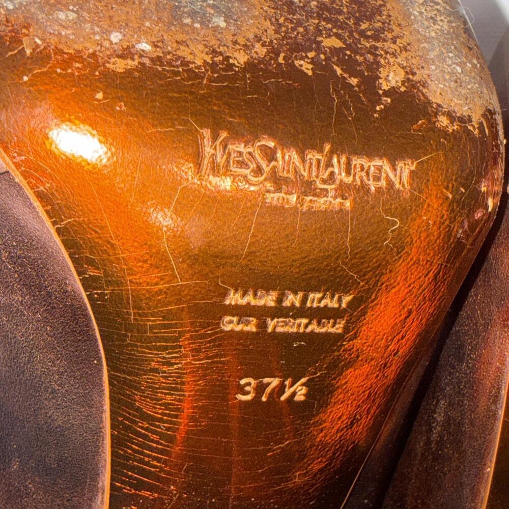 Yves Saint Laurent YSL Basket Orange Bronze Leather Designer Heels Sandals 37.5 - Picture 12 of 15